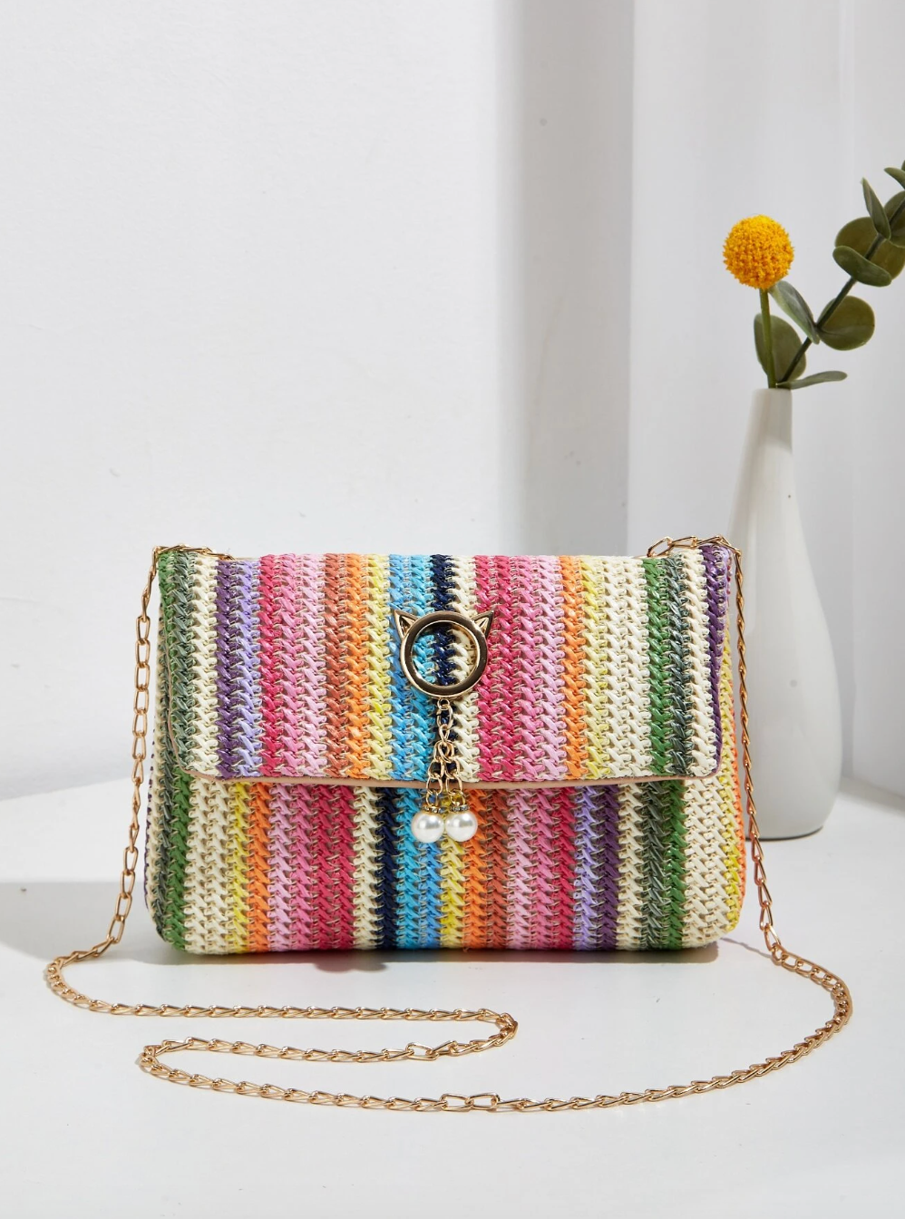 Striped Color Block Faux Pearl Decor Flap Chain Straw Bag