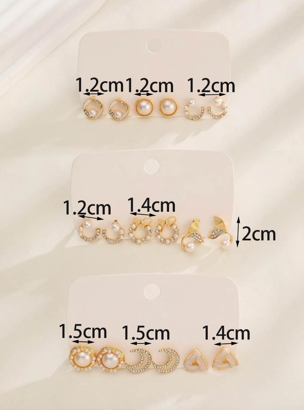 9pairs:Set Fashionable Zinc Alloy Rhinestone Moon & Faux Pearl Decor Stud Earrings