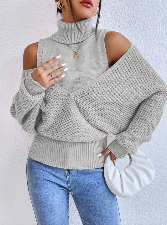 Solid Color High Neck Cold-Shoulder Wrap Batwing Sleeve Sweater