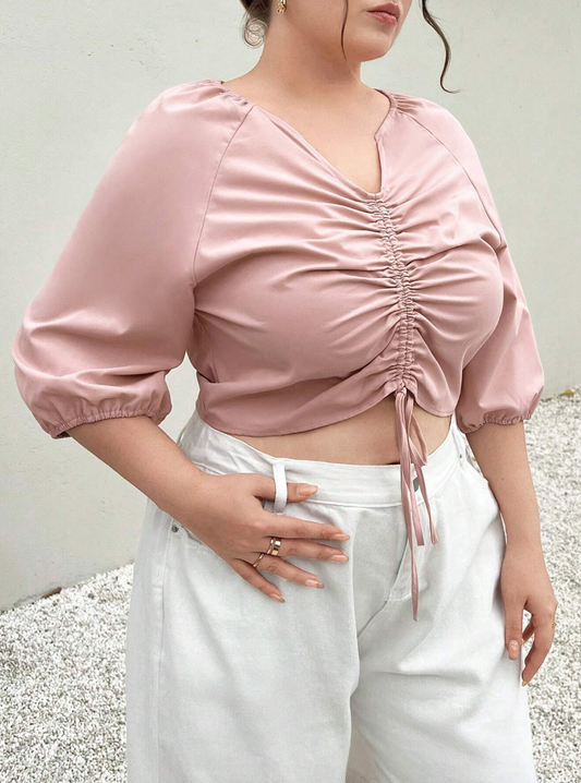 Plus Size Drawstring Notch Neck Raglan Sleeve Tshirt