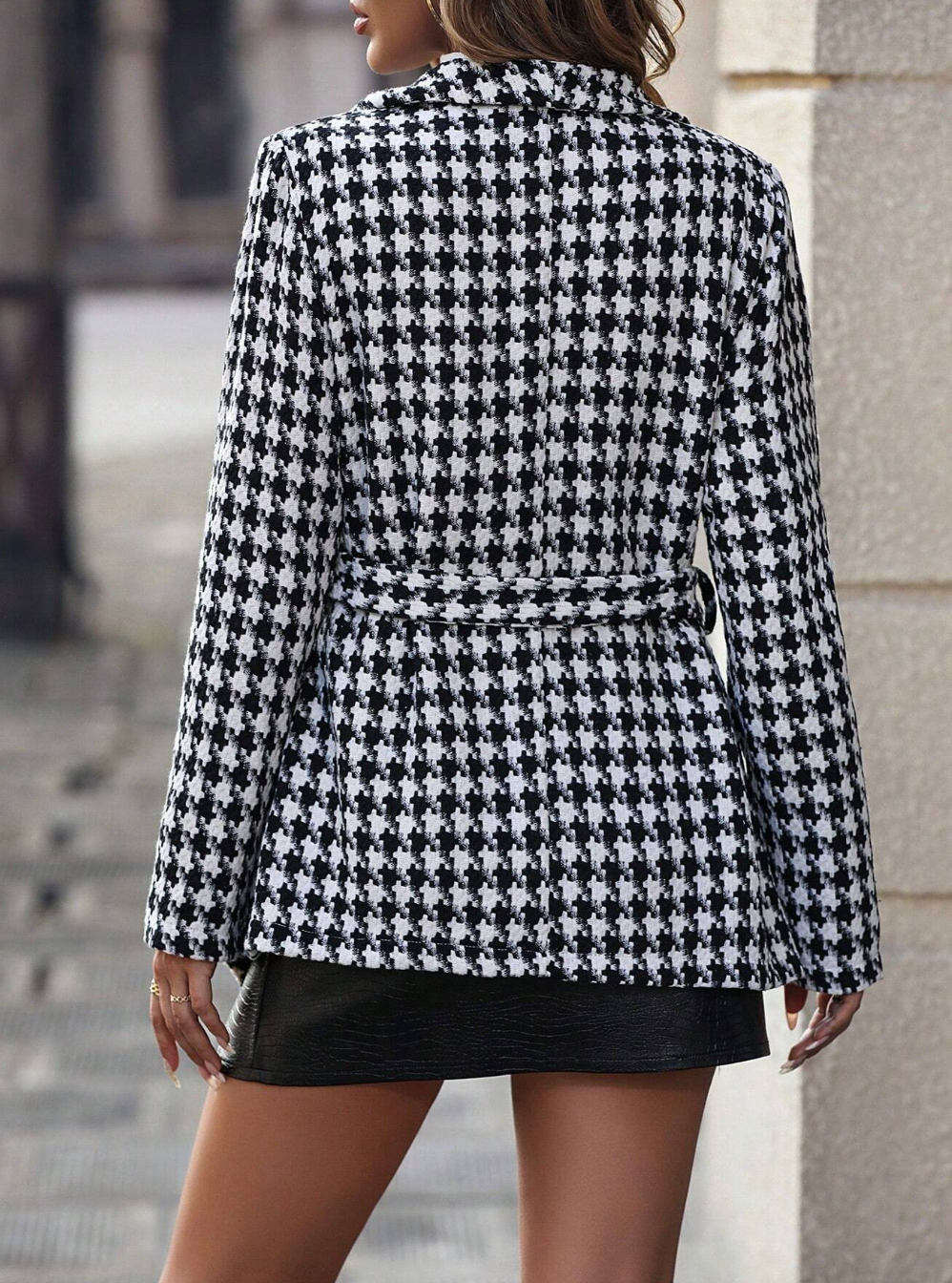 Houndstooth Pattern Belted Woolen Overcoat