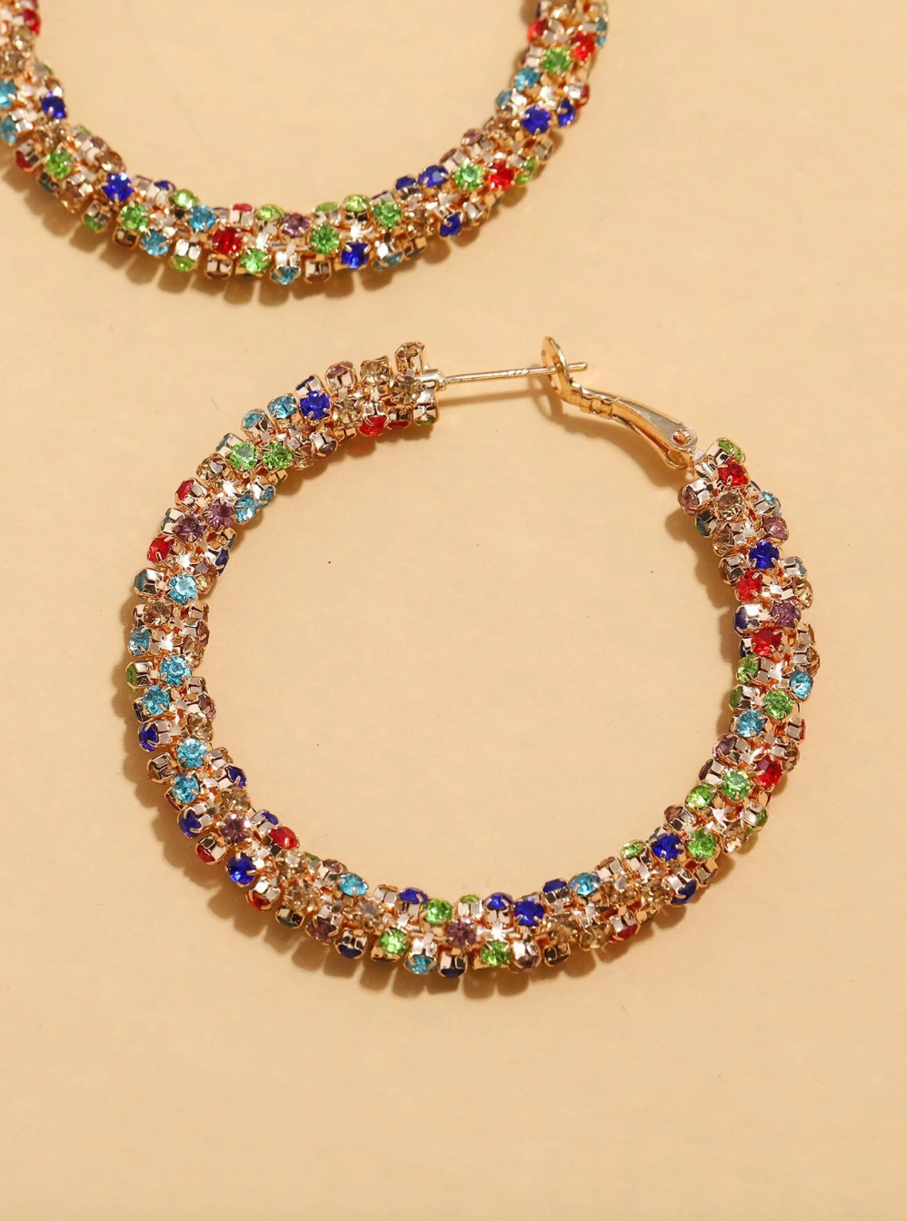 1pair Random Color Rhinestone Decor Hoop Earrings