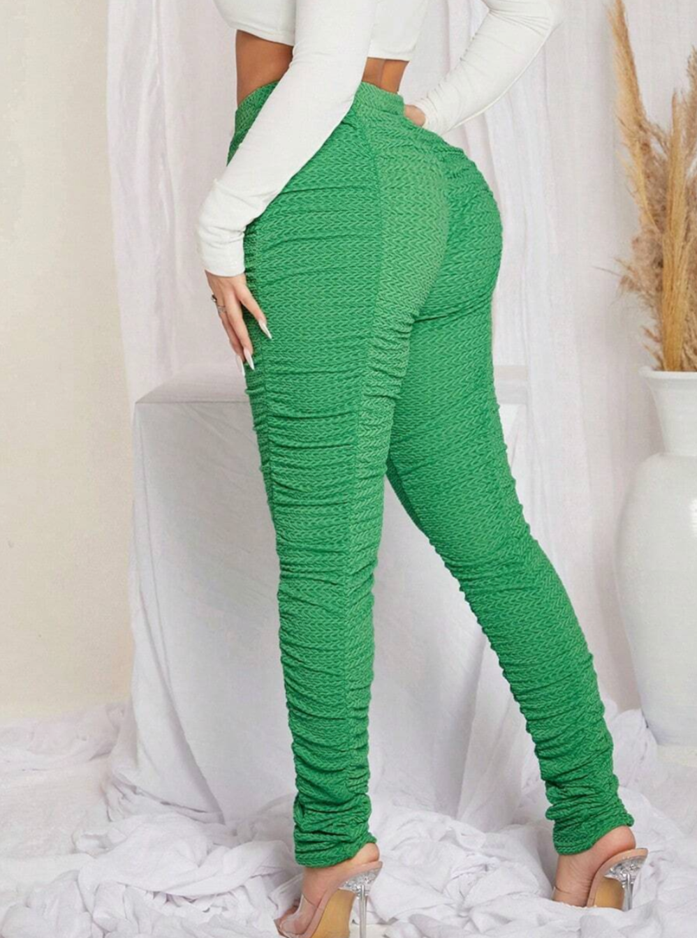 Solid Ruched Cut Out Waist Ruched Leggings