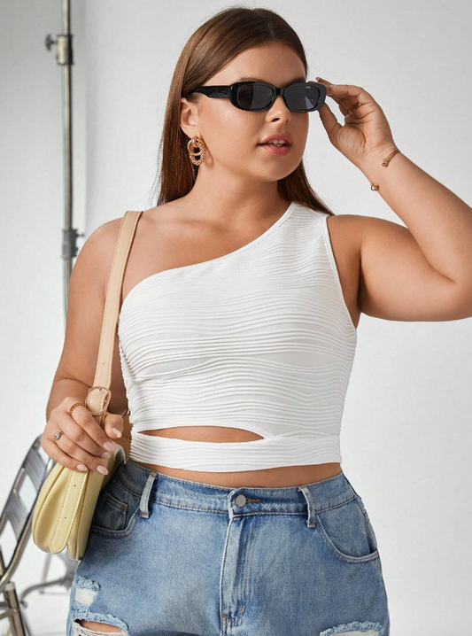 Plus Size White Hollow Out Single Shoulder Cropped Top