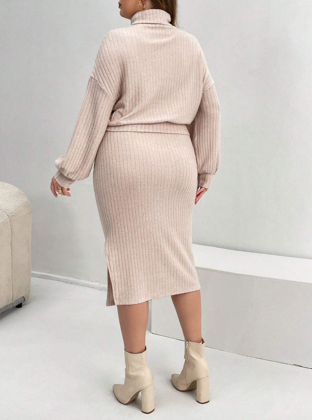 Plus Size Turtleneck Drop Shoulder Top & Skirt Set Dress