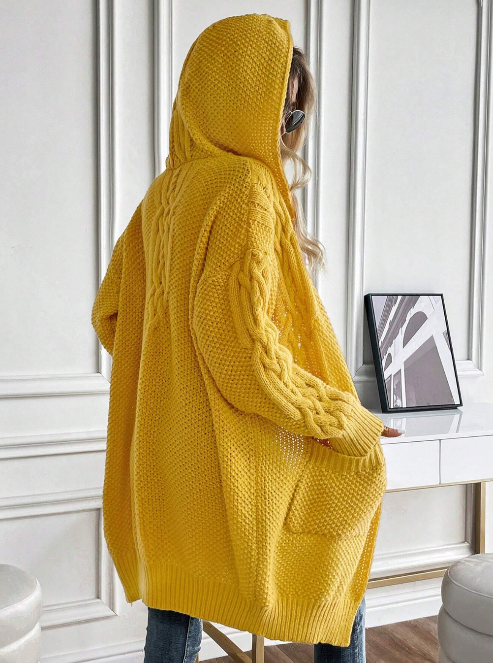 Dual Pocket Drop Shoulder Cable Knit Hooded Cardigan