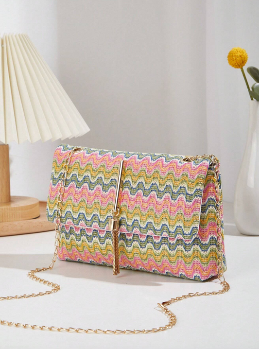 Colorful Woven Fabric Tassel Decorated Square Bag