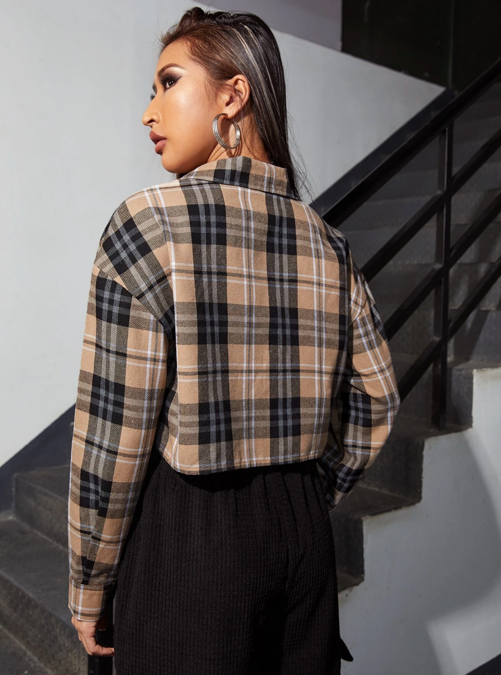 Plaid Print Button Front Crop Shirt