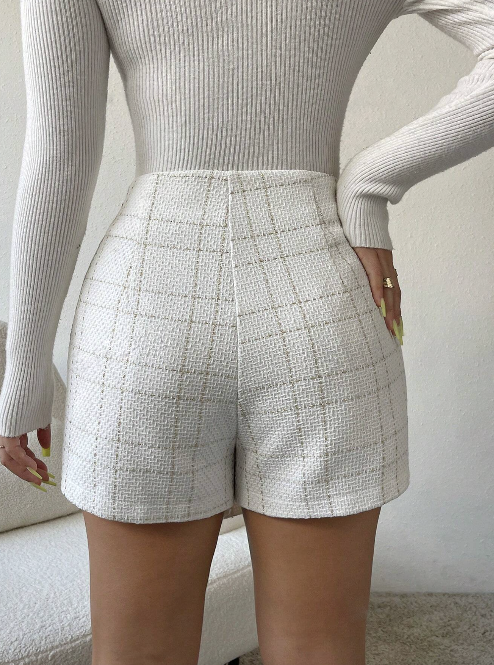 Plaid Print Button Front Tweed Skort