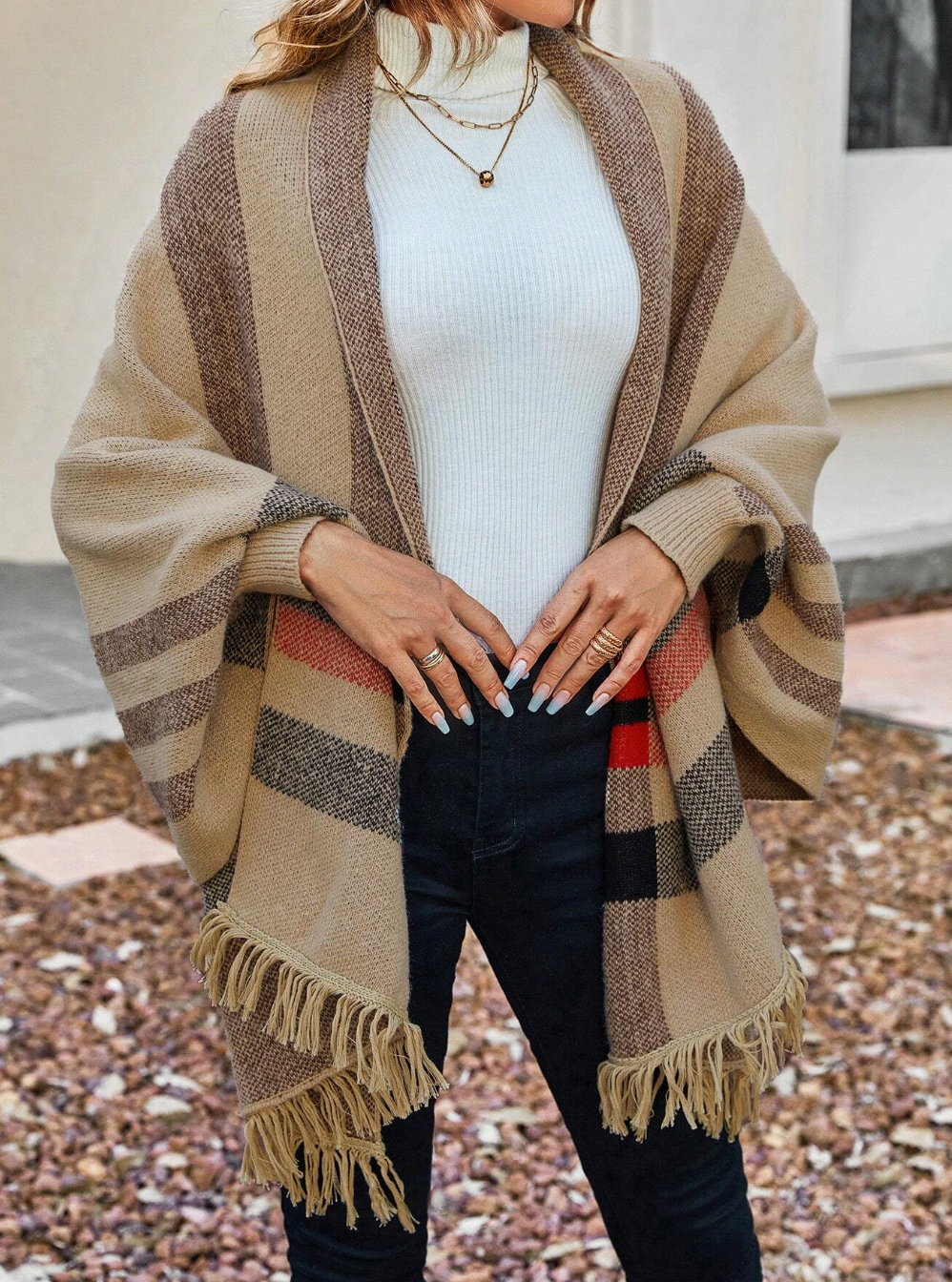 Plaid Batwing Sleeve Cardigan