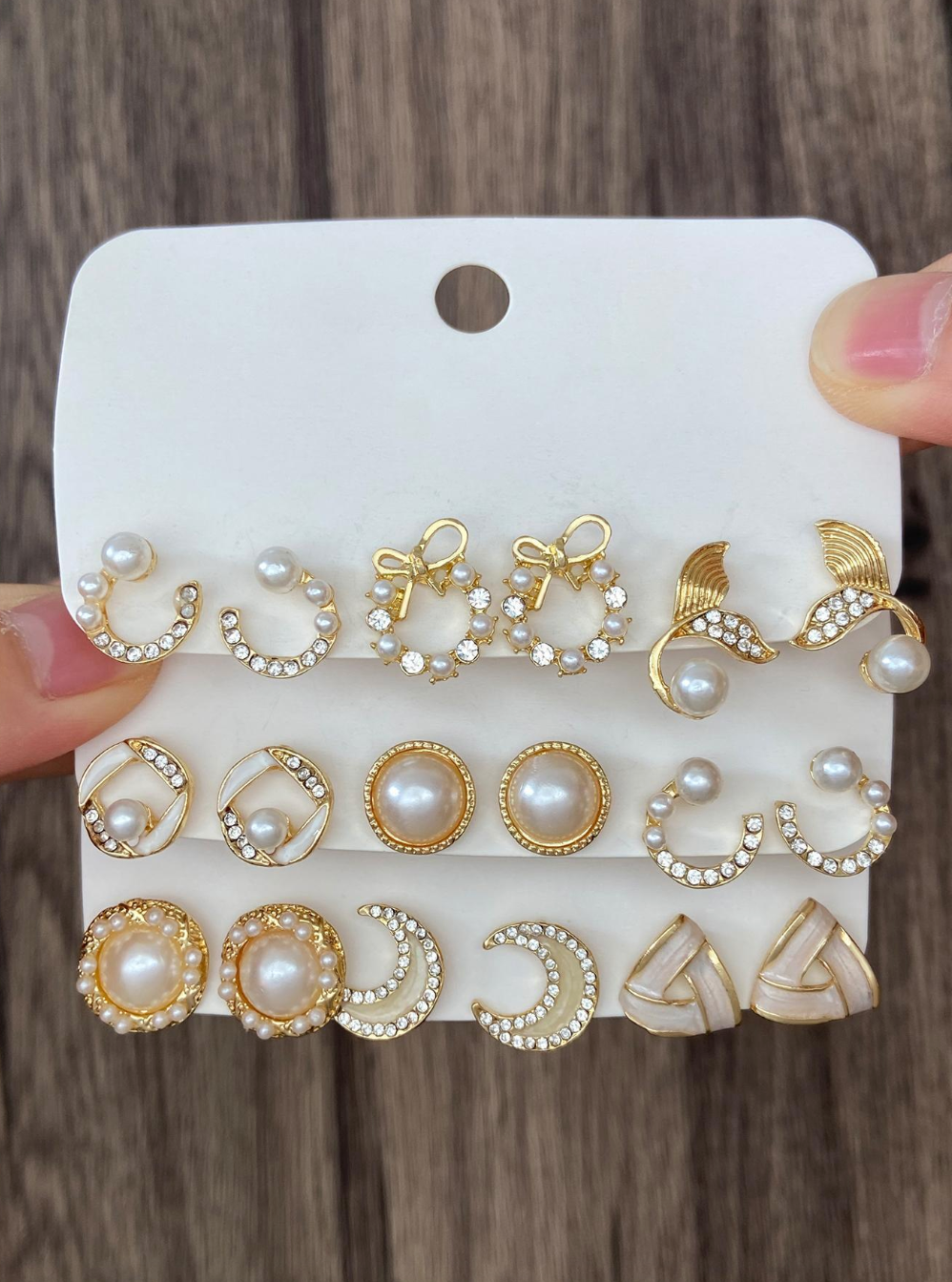 9pairs:Set Fashionable Zinc Alloy Rhinestone Moon & Faux Pearl Decor Stud Earrings