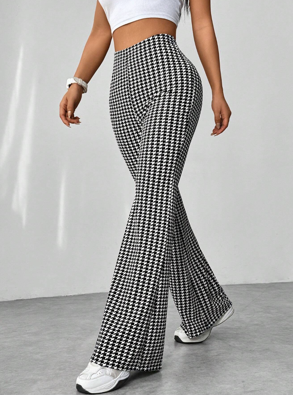 Black And White Houndstooth Pattern Flare Pants