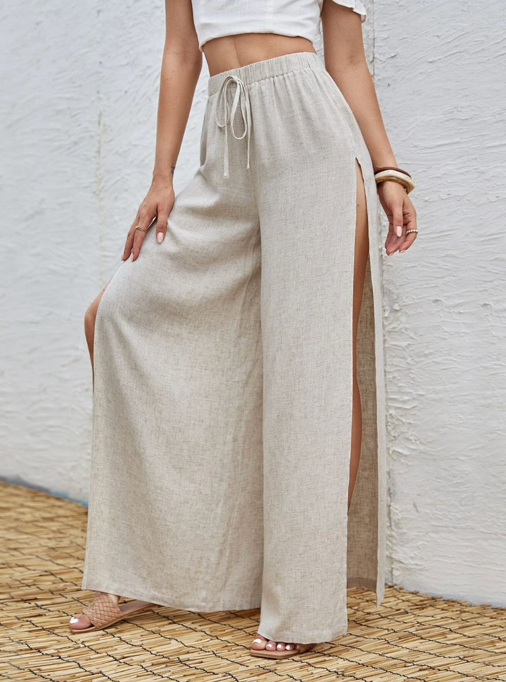 Tie Waist Split Thigh Wide Leg trousers