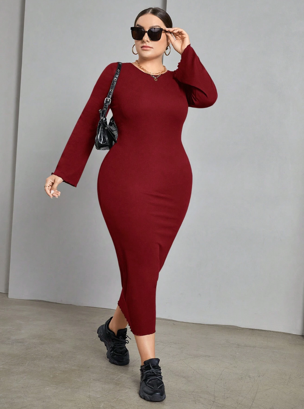 Plus Size Lace Up Back Long Sleeve Body Fitted Bodycon Dress