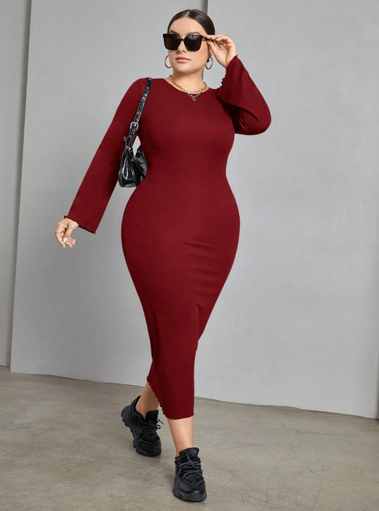 Plus Size Lace Up Back Long Sleeve Body Fitted Bodycon Dress