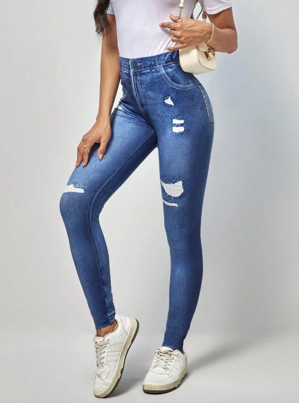 High Waist Denim-Effect Print Leggings