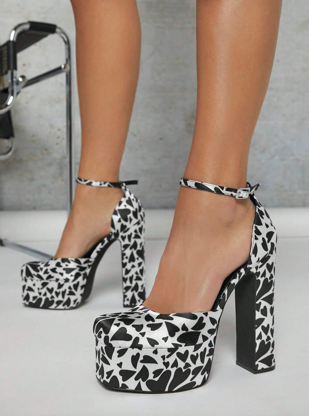 Heart Print Ankle Strap High Heels