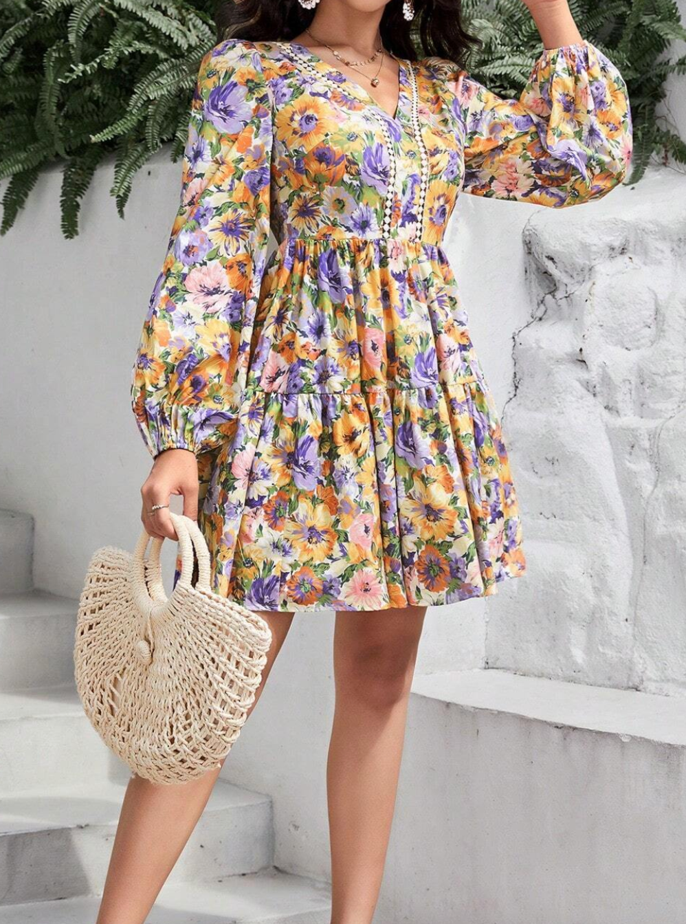 Lantern Sleeve Backless Floral Dress