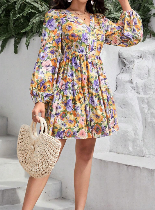 Lantern Sleeve Backless Floral Dress