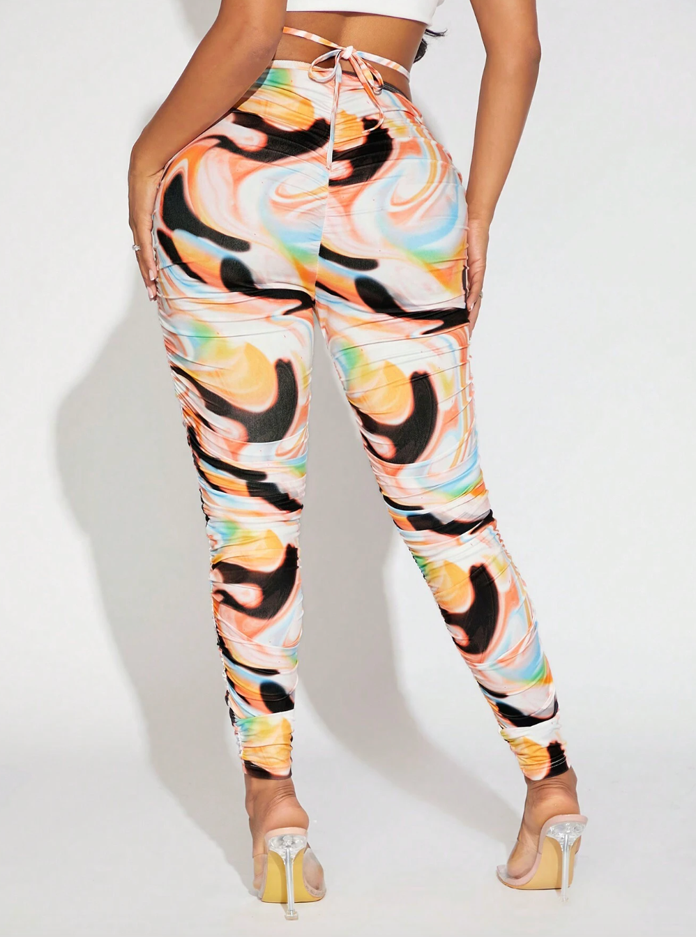 Full Marble Print Hollow Out Waist Leggings