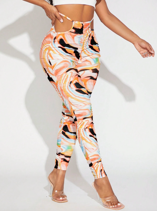 Full Marble Print Hollow Out Waist Leggings