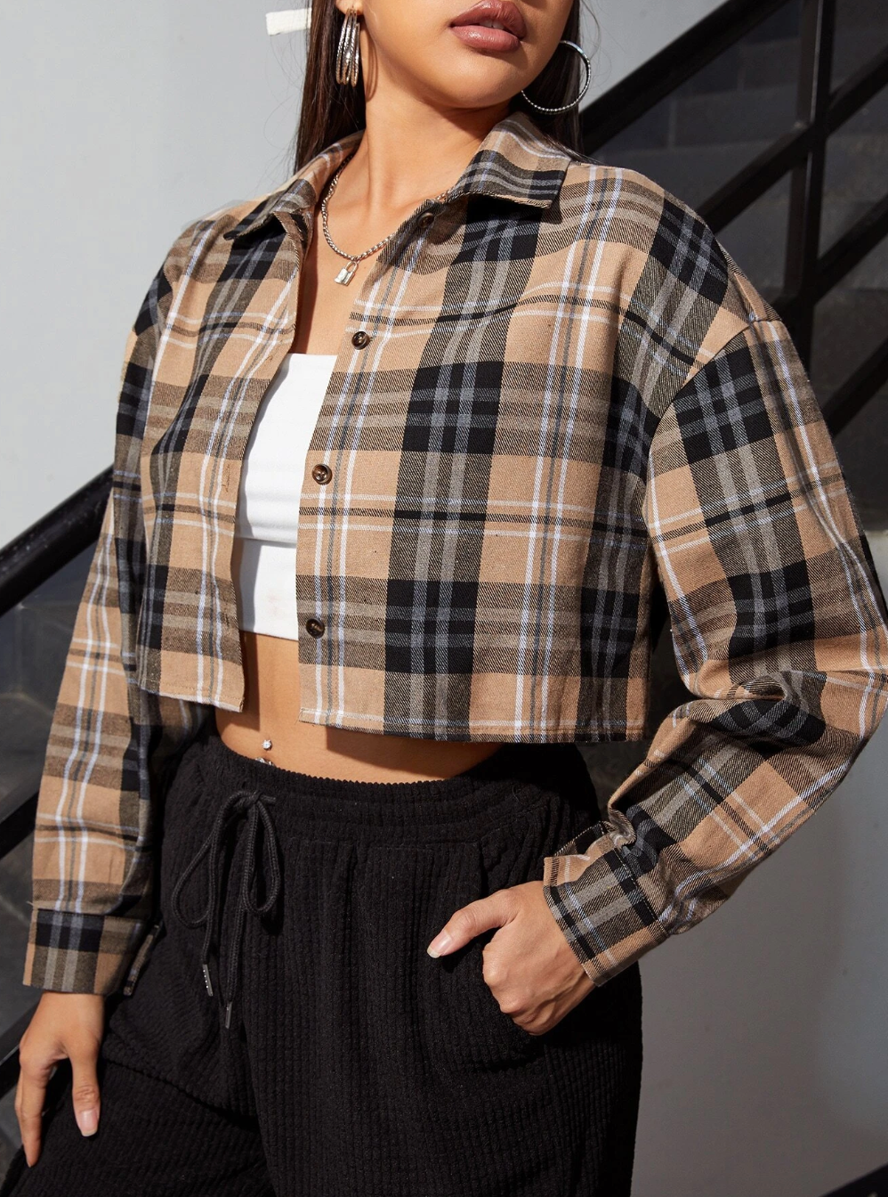 Plaid Print Button Front Crop Shirt