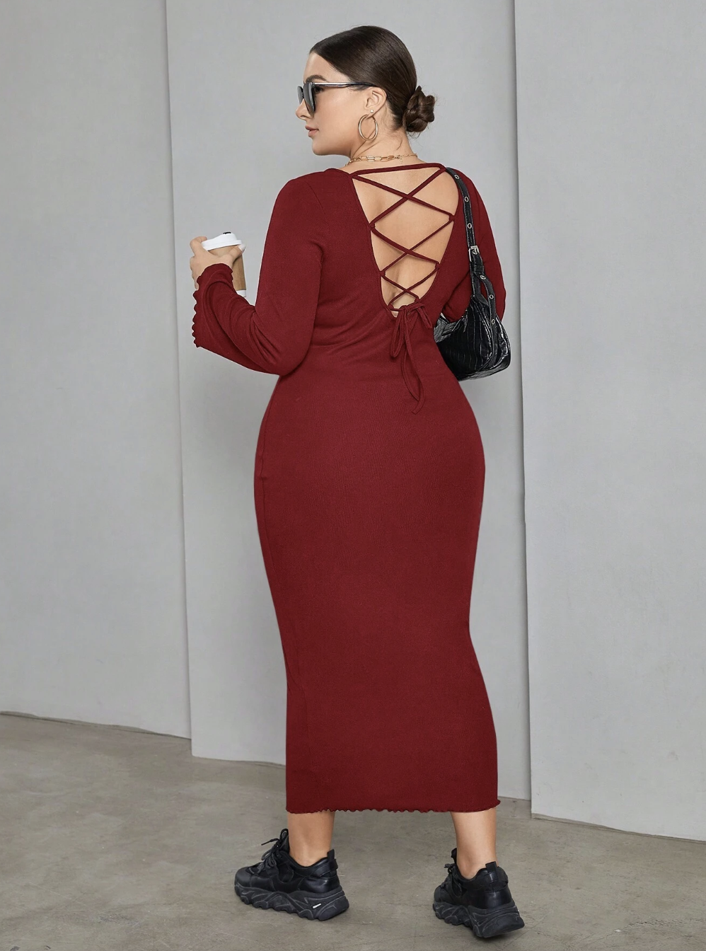 Plus Size Lace Up Back Long Sleeve Body Fitted Bodycon Dress