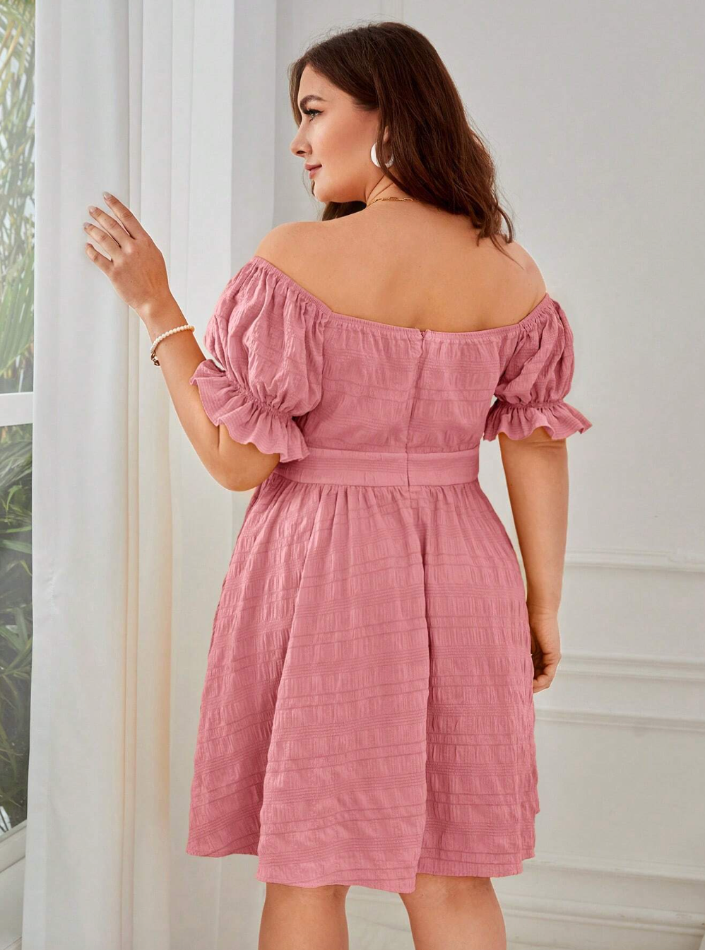 Plus Size Solid Color One Shoulder Dress With Drawstring Waist And Hollow Out Design