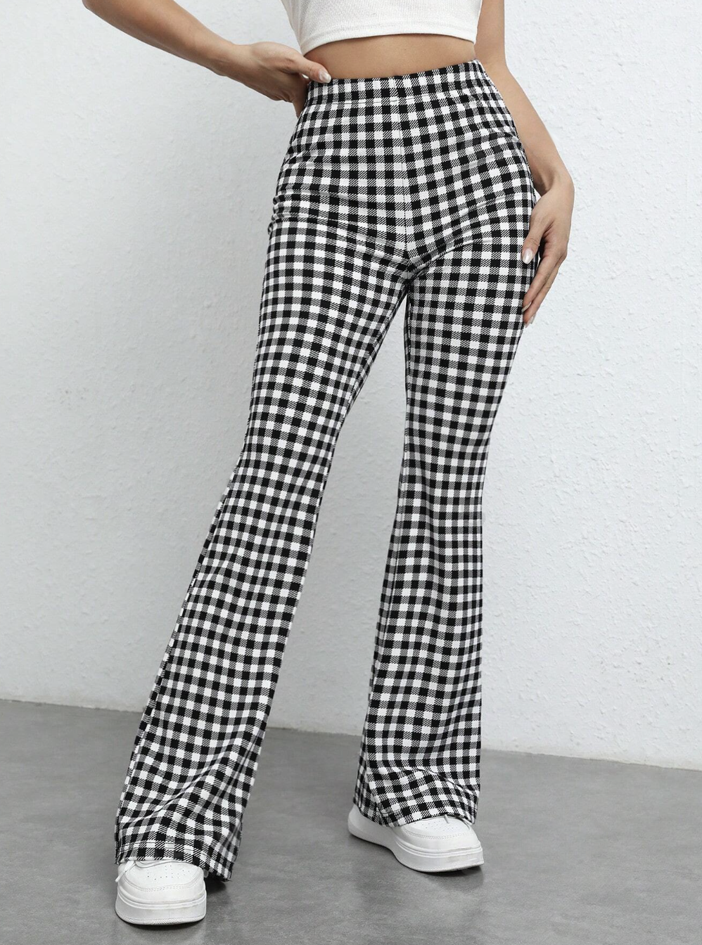 Gingham Print Flare Leg Pants