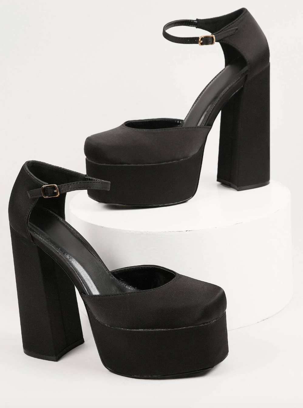 Satin Closed Toe Ankle Strap Block Heel Pumps