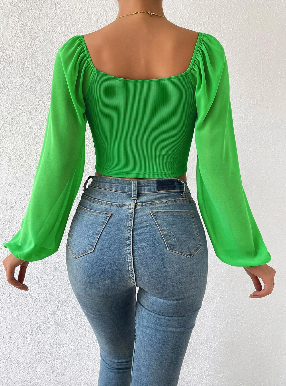 Sweetheart Neck Lantern Sleeve Crop Top