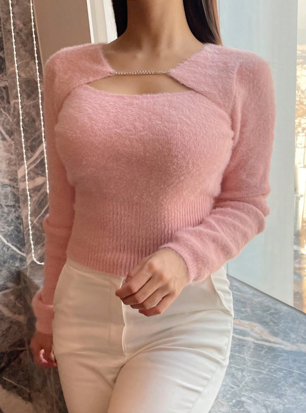 Cut Out Front Fluffy Knit Sweater