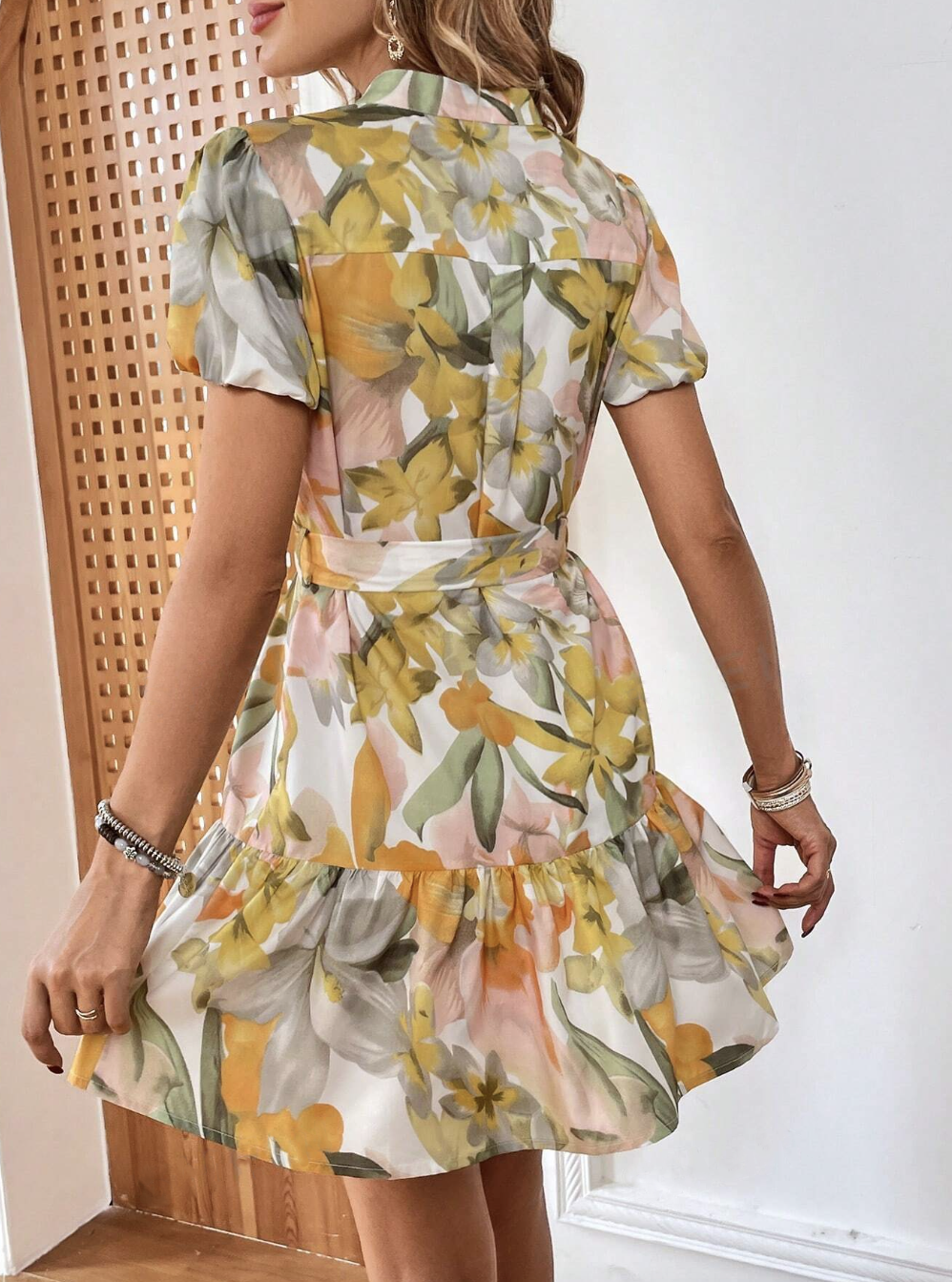 Ruffle Hem Belted Floral Dress