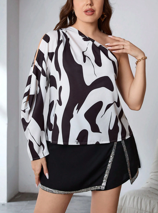 Plus Size Elegant Single-Shoulder Hollow Out Black And White Printed Blouse