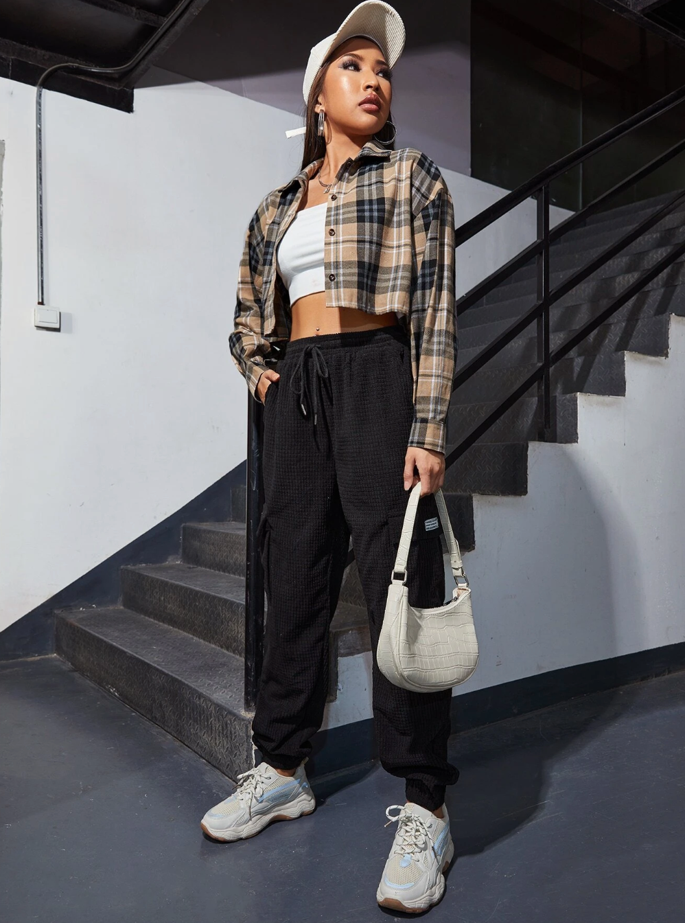 Plaid Print Button Front Crop Shirt