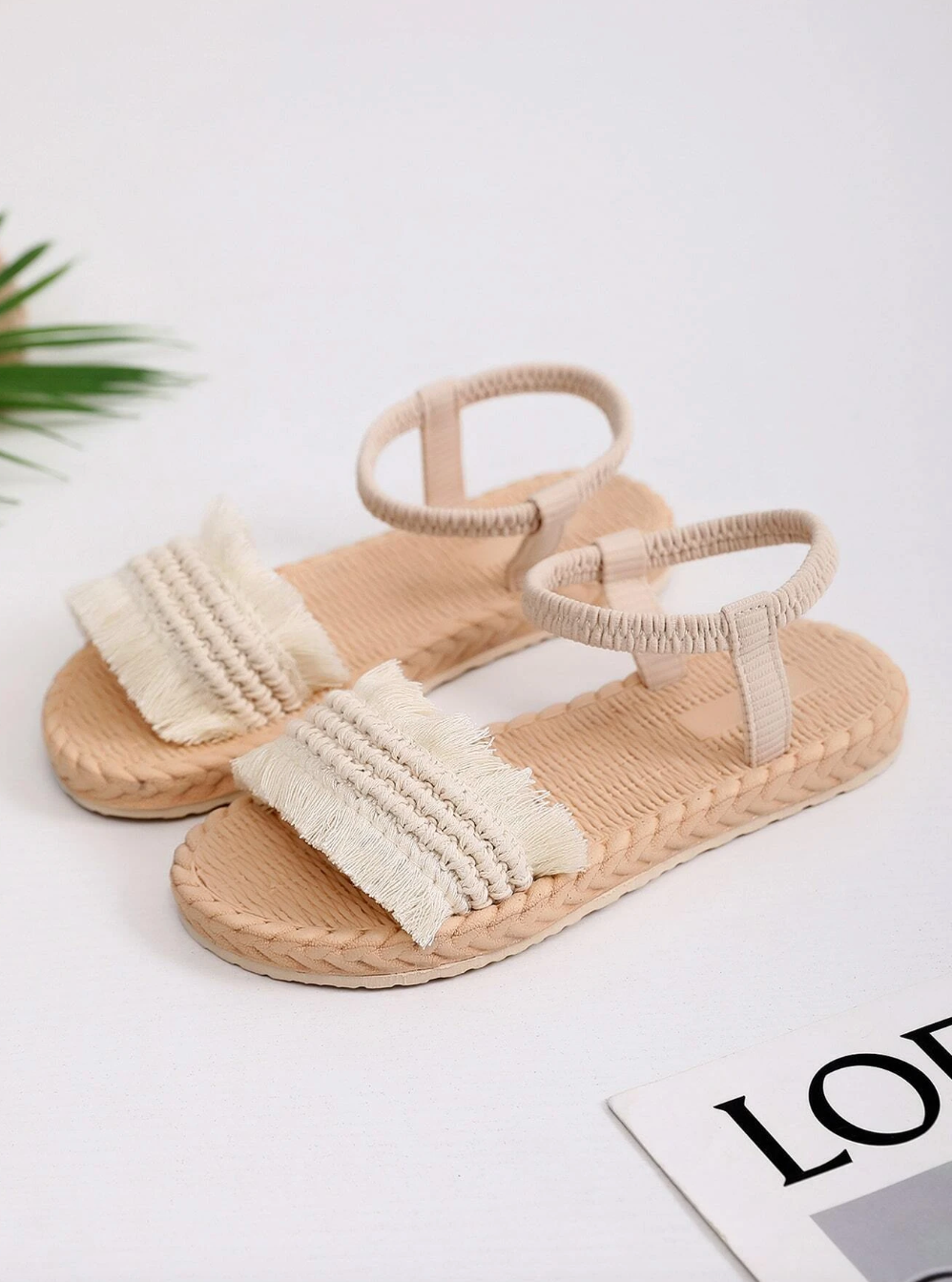 Fringe Trim Braided Design Single Band Slingback Sandals