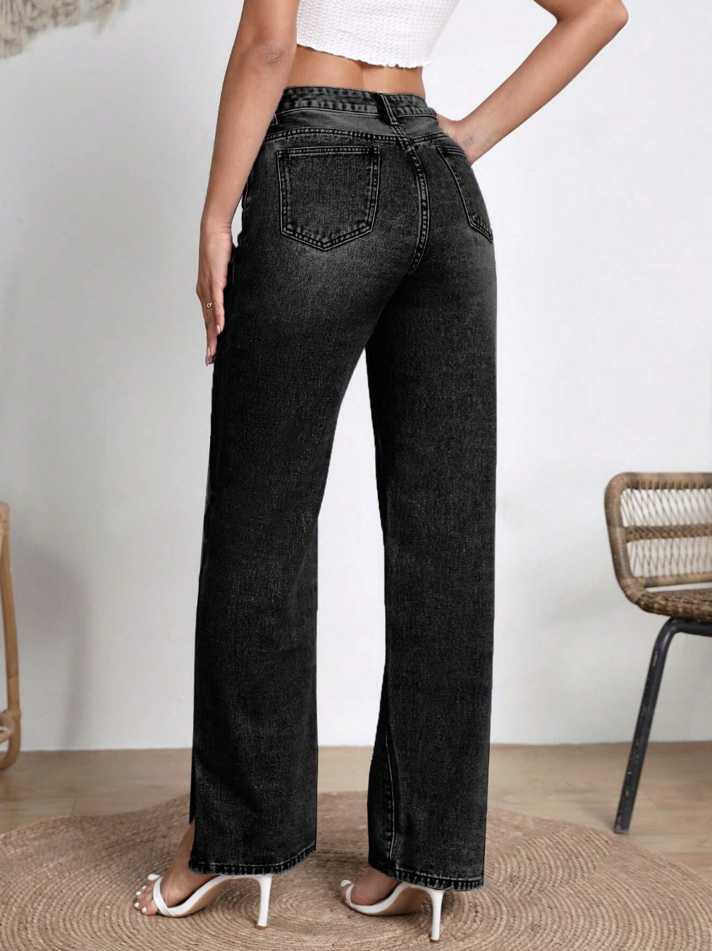 Solid Hem Straight Leg Jeans