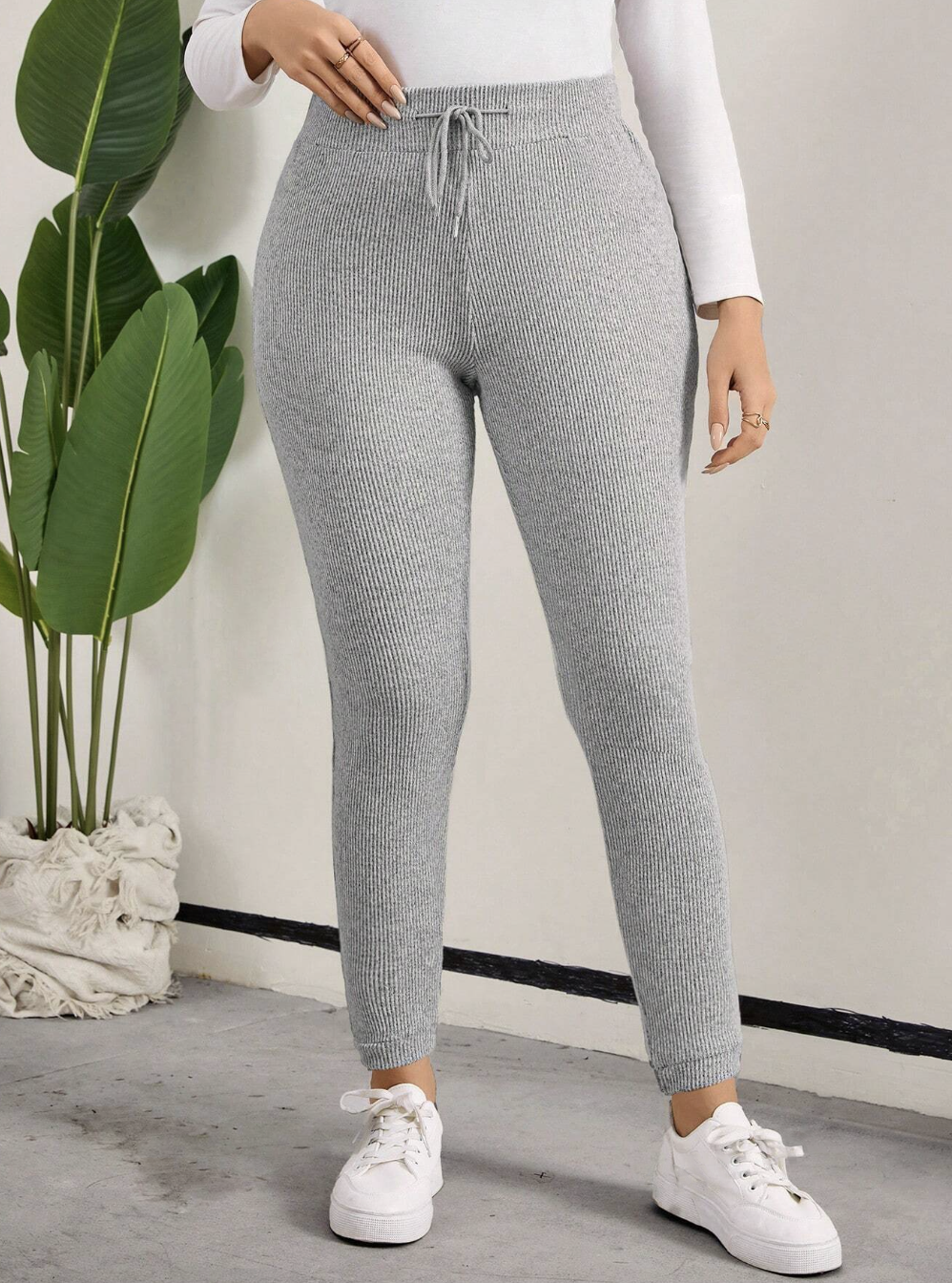 Plus Size Solid Color Drawstring Waist Leggings