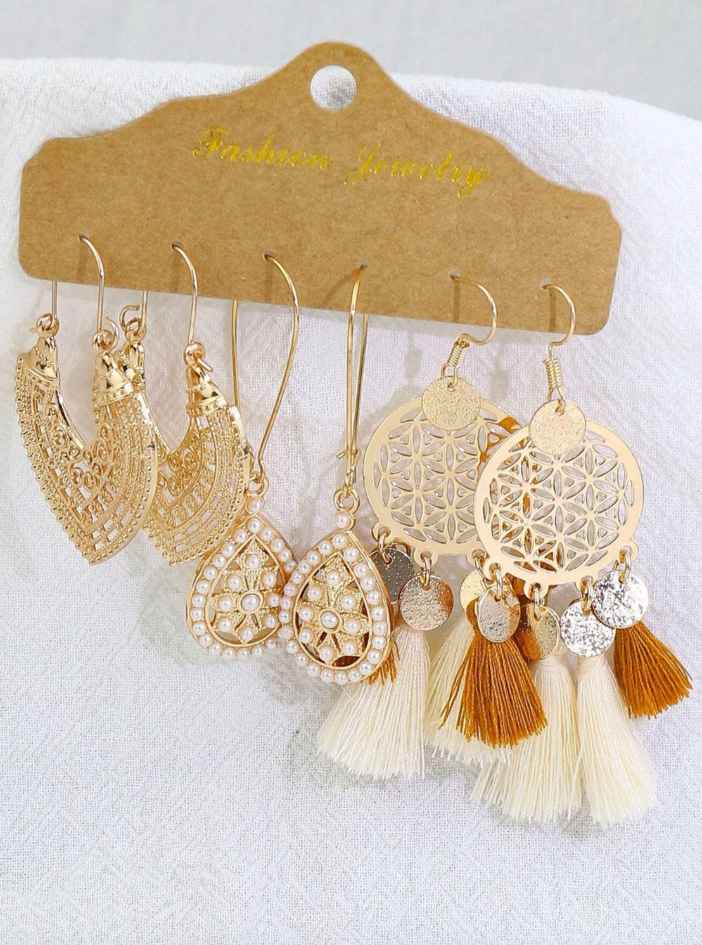 3pairs:set Water-drop & Tassel Decor Earrings