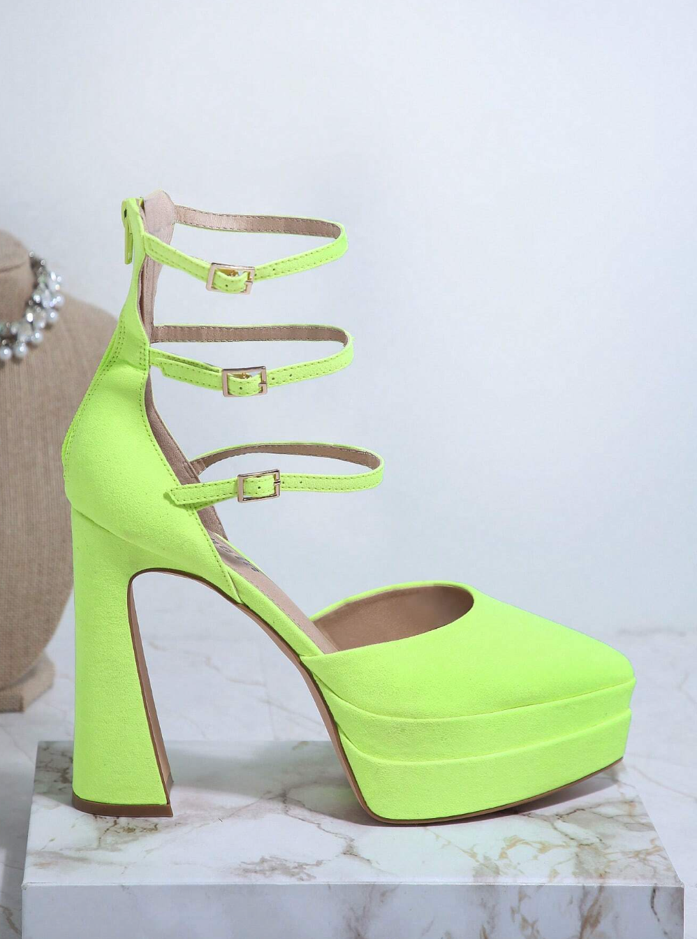 Closed Toe Ankle Strap Platform Heel Pumps