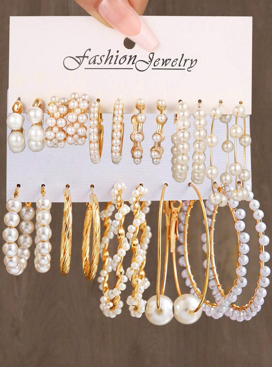 12pairs:Set Fashionable Vintage Delicate Faux Pearl & Twisted Hoop Earrings