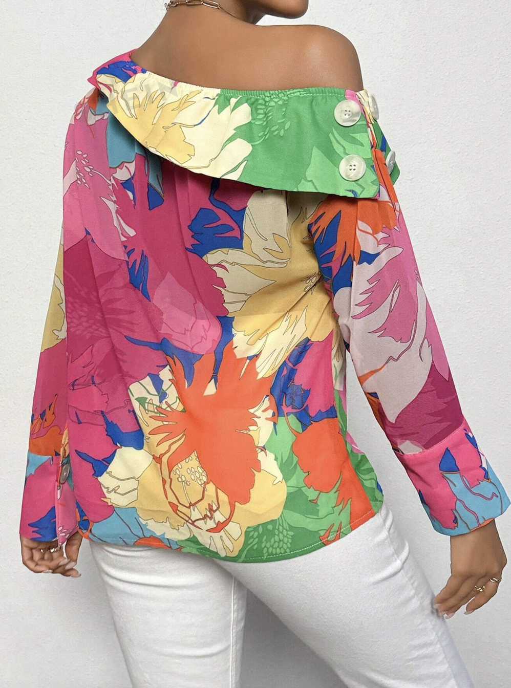 Floral Print Asymmetrical Neck T-Shirt