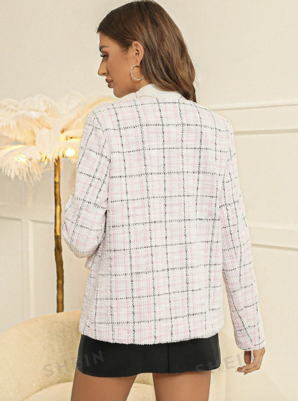 Plaid Woolen Coat Decorated With Faux Pearls Button
