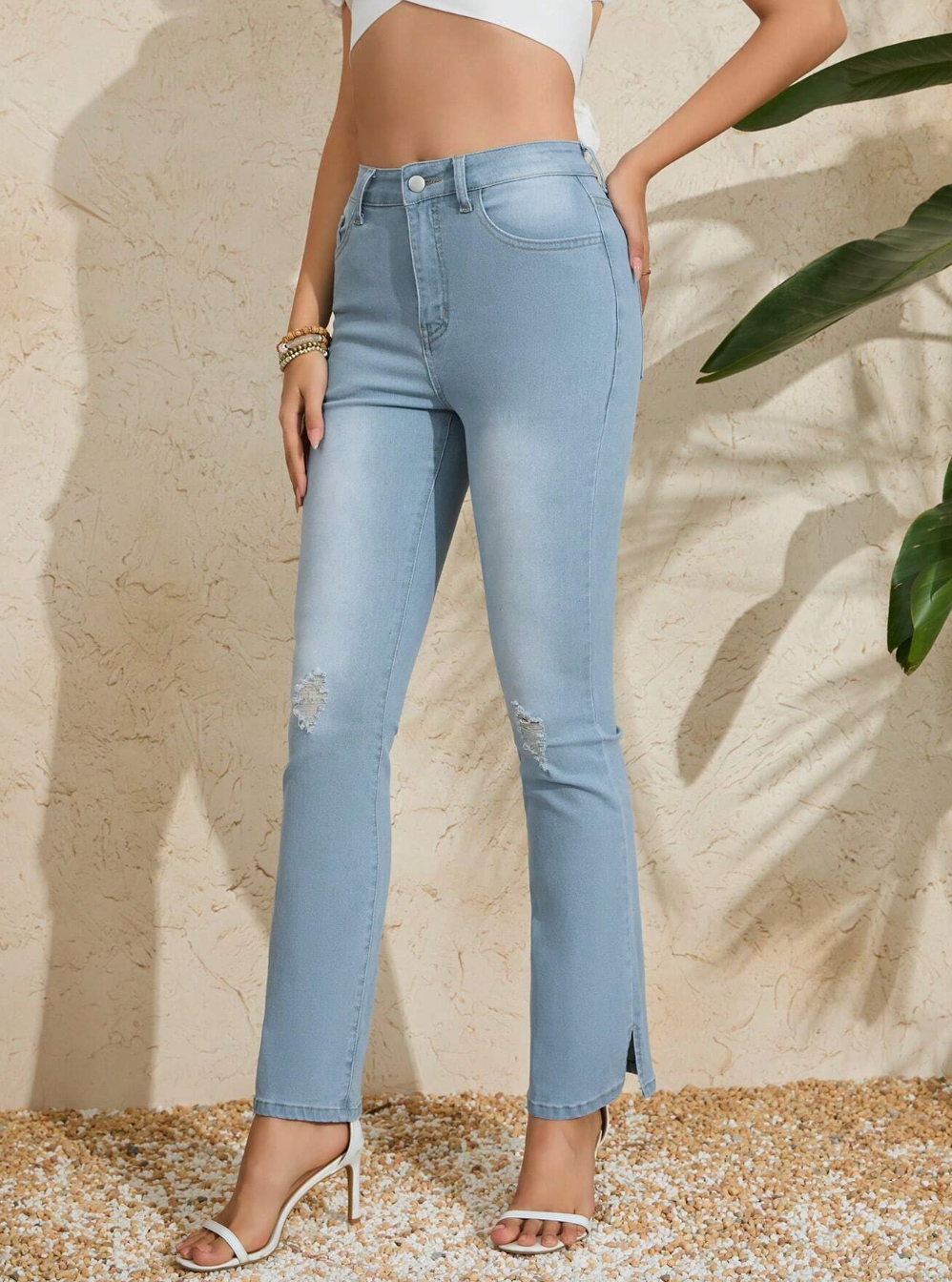 Slim Fit Ripped Slit Flared Jeans