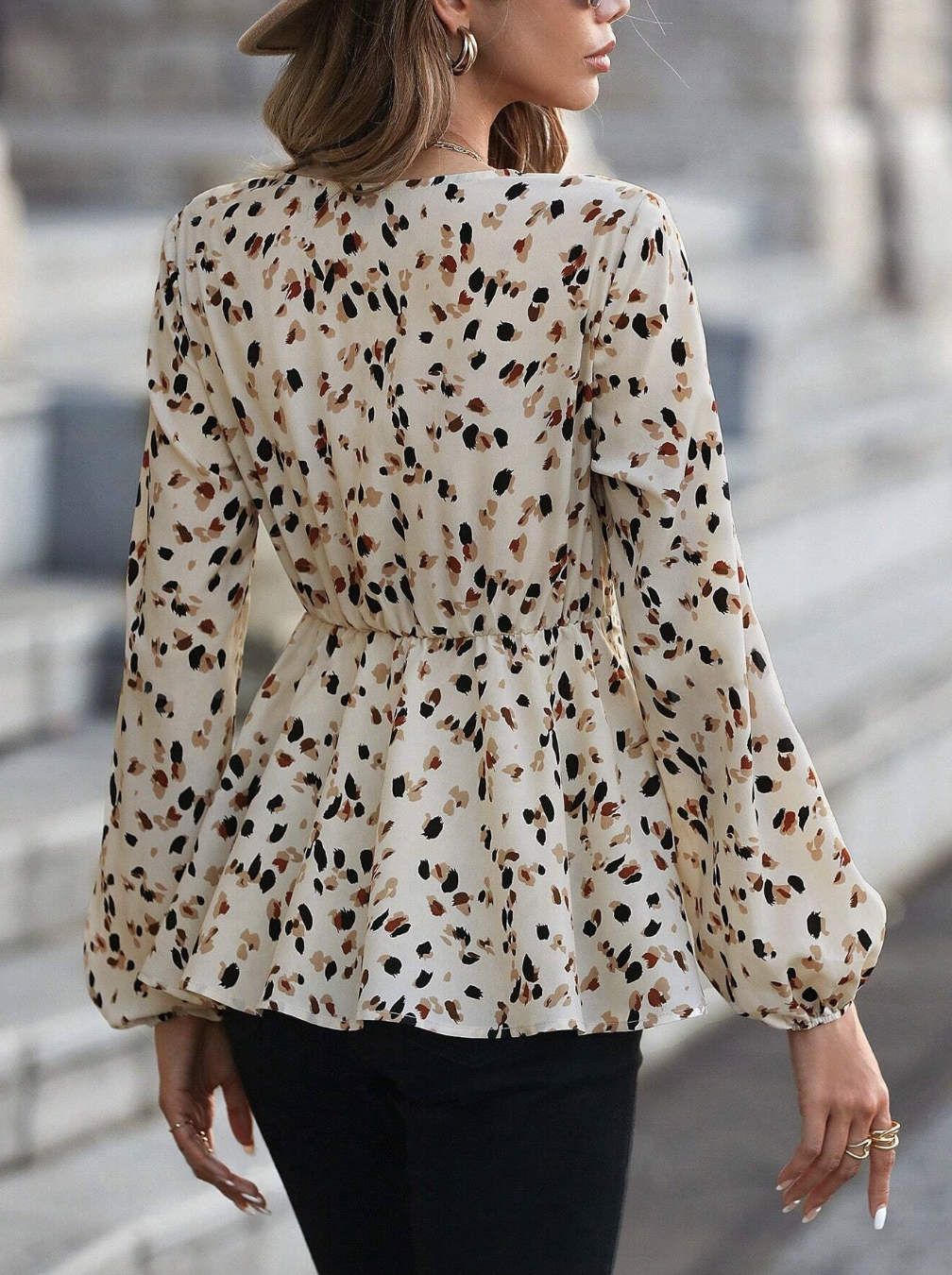 Allover Print Lantern Sleeve Belted Peplum Blouse