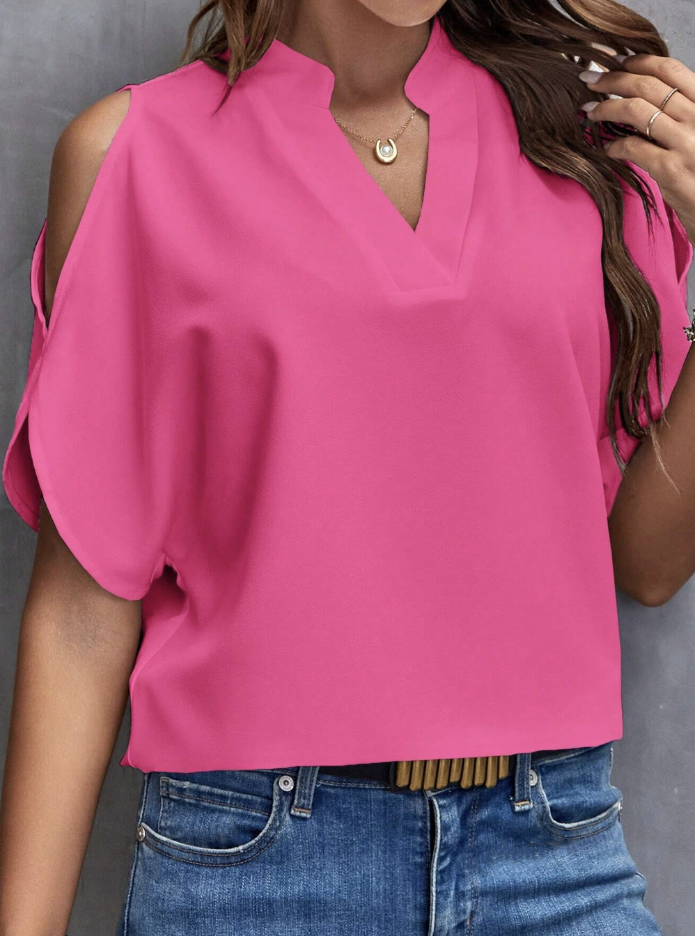 Cold Shoulder Notched Neck T-Shirt