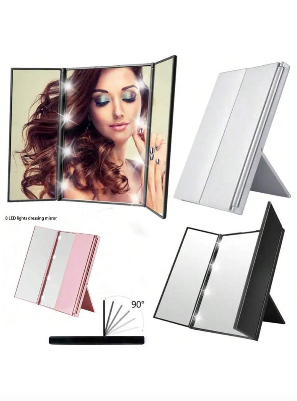 Battery Powered Pink Led 8 Lights Tri-Fold Portable Makeup Mirror