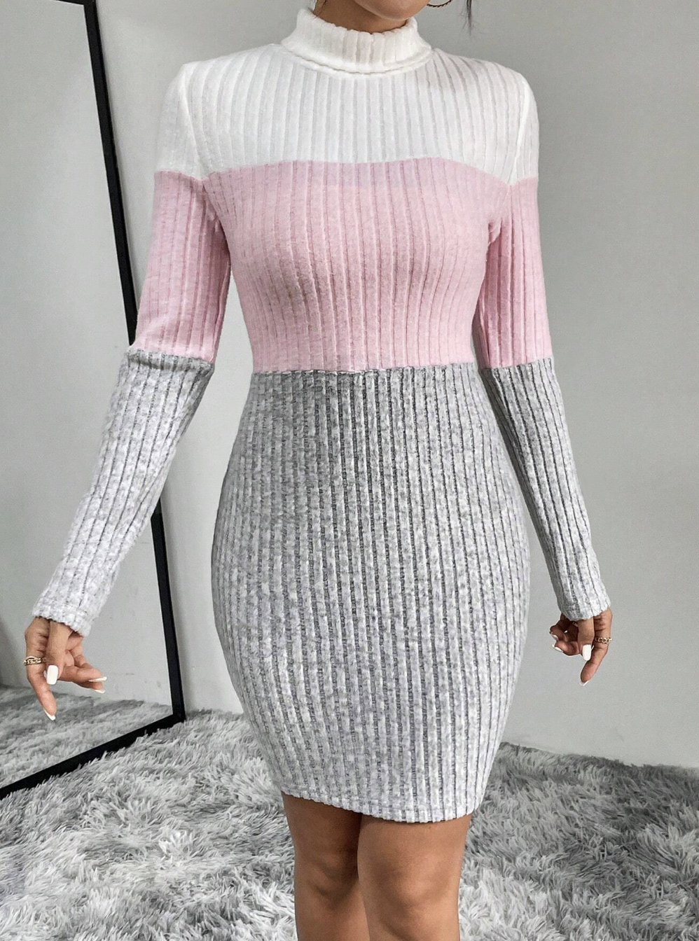 Color Block Turtleneck Bodycon Dress