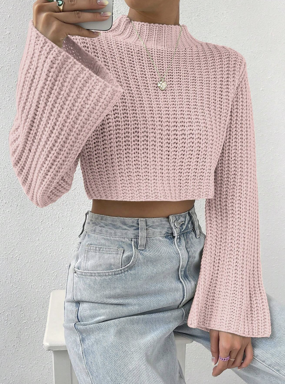 Solid Color All-Match Bell Sleeve Pullover Sweater