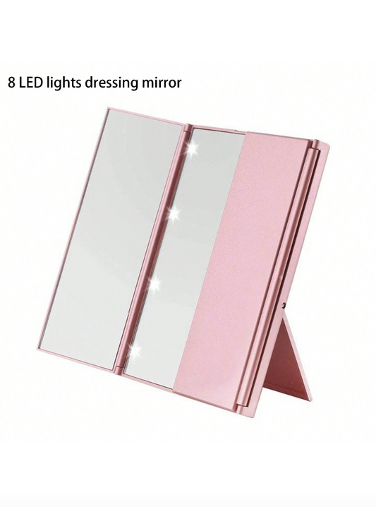 Battery Powered Pink Led 8 Lights Tri-Fold Portable Makeup Mirror